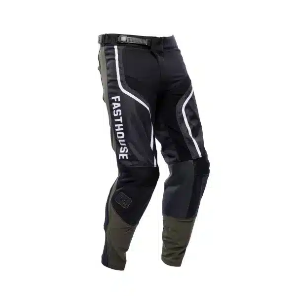 מכנס Fasthouse Youth Grindhouse Hudson Pant מבט קדמי מבט צד על פאנלים גמישים וגזרה ארגונומית תקריב על חיזוקי העור באזור הברכיים עיצוב Hudson עם לוגו Fasthouse על המותן