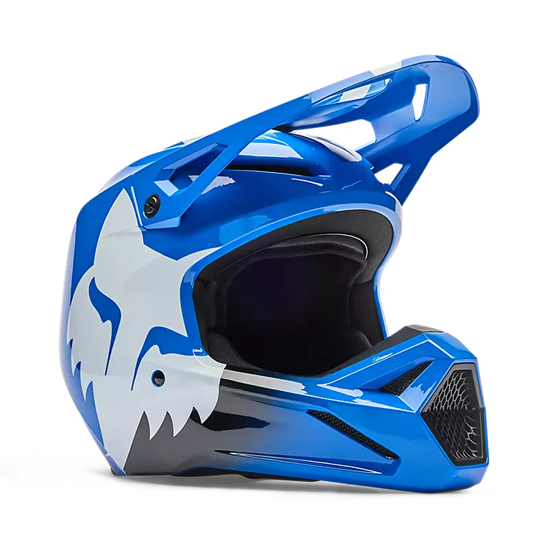 קסדת מוטוקרוס כחול בזווית קדמית - FOX YOUTH V1 Shield Three Quarter View