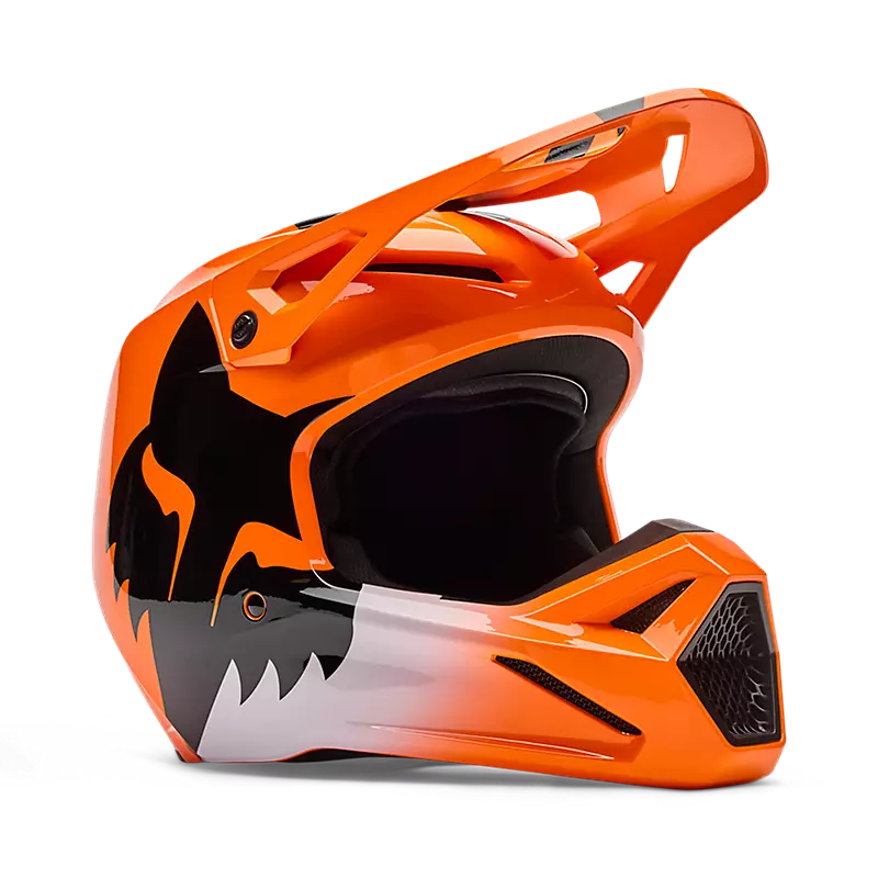 קסדת מוטוקרוס כתום בזווית קדמית - FOX YOUTH V1 Shield Three Quarter View