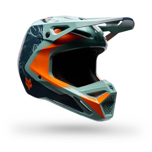קסדת מוטוקרוס כחול בזווית קדמית - FOX V1 Image Print Helmet Three Quarter View