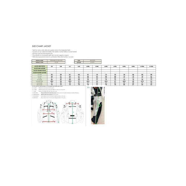 מעיל רשת רכיבה RICHA Airsummer Jacket שחור מק"ט 1102100003-100R - טבלת מידות